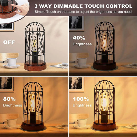 Dope Vintage Rustic Desk Lamp 2 Pack with 3 Way Dimmer Touch Control Edison Lamps showing dimming levels and cage design