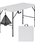 Heavy Duty 4 Foot Folding Table With Carry Handle And Mesh Bag Indoor Outdoor Portable Table For Picnic, Party, Camping, White