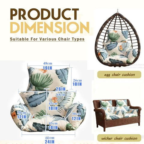 Patio Hanging Egg Chair Cushion Replacement Thick Seat Pad For Outdoor Hammock Swing Chair Black Ultra Plush Comfort Easy Fit Non Slip Durable Foam Perfect For Garden Porch Balcony Bedroom Lounge shown with dimensions and uses for egg and wicker chairs.