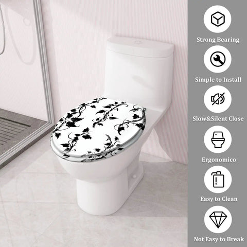 Toilet Seat Round Resin for Bathroom with decorative black floral design, fits standard toilets, durable material.