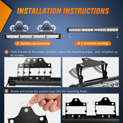 17 Inch 2 In 1 LED Traffic Advisor Warning Light Bar Red And White For Police Cars First Responders And Construction Vehicles, installation instructions