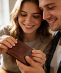 Couple admiring finished wallet from Full Grain Leather Crafting Kit With Genuine Cowhide Tools And Paint Set For DIY Wallet Making