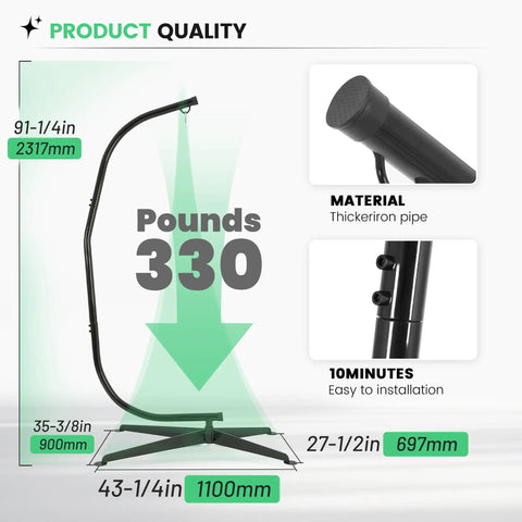 Heavy Duty Hammock Chair Stand For Indoor And Outdoor Use, C Type Frame, 330 Lb Capacity, Solid Steel Black Stand Only, Wobble-Free Stability