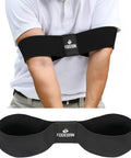 Person demonstrating use of Arm Band Golf Swing Trainer Game Changer For Better Connection, Tempo, And Consistency with arms in band.