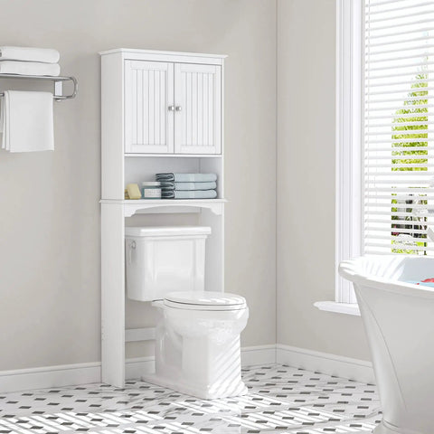Over The Toilet Storage Cabinet For Bathroom White Beadboard Style Shelf With Anti Tip Anchor Tall Organizer For Small Bathrooms