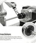 Close-up of T3.5 Trapezoidal Lead Screw 304 Stainless Steel 1mm Pitch 2mm Lead 2 Start with POM Nut in a precision setup.