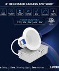 Top Shelf 3 Inch Led Recessed Ceiling Lights With Junction Box, Five Way Cct Switch, 8W 840 Lumen Output, Dimmable Canless Downlight, Wet Ic Rated For No Sweat Setup, Hella Bright Finish, Real Deal Lighting, 12 Pack displayed with junction box and color selection options.