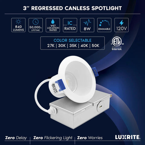 Top Shelf 3 Inch Led Recessed Ceiling Lights With Junction Box, Five Way Cct Switch, 8W 840 Lumen Output, Dimmable Canless Downlight, Wet Ic Rated For No Sweat Setup, Hella Bright Finish, Real Deal Lighting, 12 Pack displayed with junction box and color selection options.