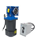 Front view of CNCTOPBAOS AC worm gear motor with blue gearbox, black motor housing, and gray speed controller