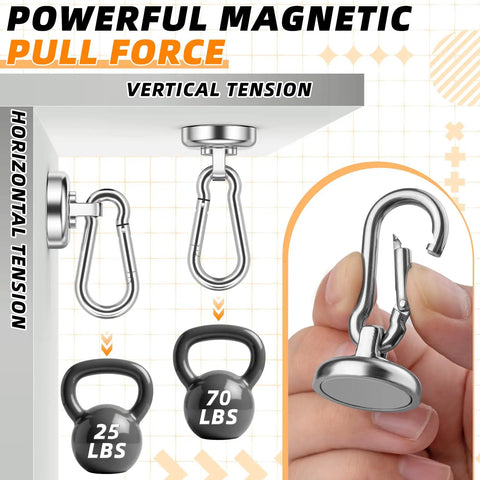 10 Pack Strong Neodymium Magnetic Hooks With Swivel Carabiners Heavy Duty Holds Up To 70 Pounds For Kitchen Home Garage Warehouse School Organization And Hanging Solutions