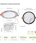 Product specifications for Six Inch LED Recessed Light Kit 15W With Five CCTs 2700K To 5000K Dimmable IC Rated Ultra Thin Canless Wafer Downlight