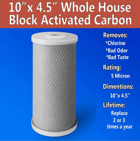 Top Notch Carbon Block Whole House Water Filter Cartridge Four Point Five Inch By Ten Inch Universal Replacement For CBC Series And WFHDC8001 Housings EP And EPM Compatible Reduces Iron Manganese Chlorine Hydrogen Sulfide Pesticides And Herbicides 8 Pack 10x4.5 activated carbon filter