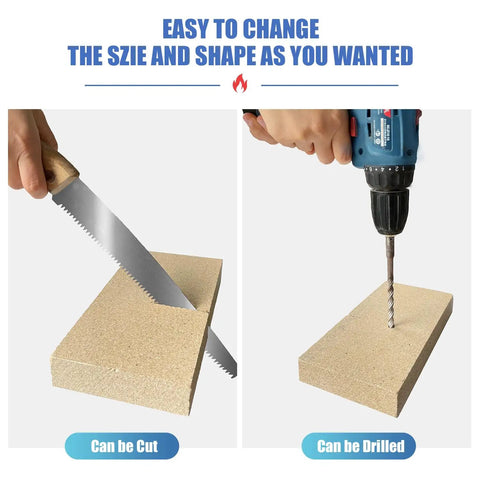Beefy Vermiculite Woodstove Fire Bricks Replacement Set being cut with a saw and drilled, showing versatility for US Stove FBP6