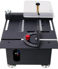 Badass Mini Table Saw With Slick Adjustable Speed And Precision Tilt Angles For Rapid Wood Cutting Sanding Engraving And Drilling on a sleek black platform.