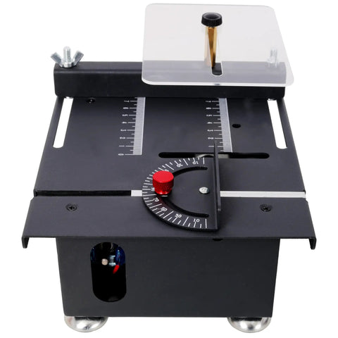 Badass Mini Table Saw With Slick Adjustable Speed And Precision Tilt Angles For Rapid Wood Cutting Sanding Engraving And Drilling on a sleek black platform.