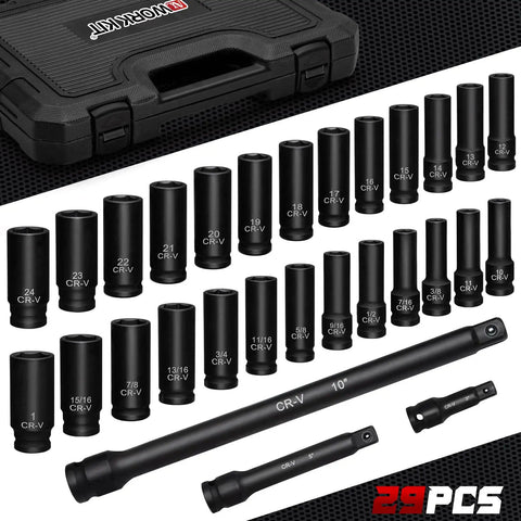 Half Inch Drive Impact Socket Set, 29-Piece Cr-V-M Steel Deep Sockets SAE Three Eighths to One Inch and Metric Ten to Twenty Four Millimeter shown with extension bars and storage case