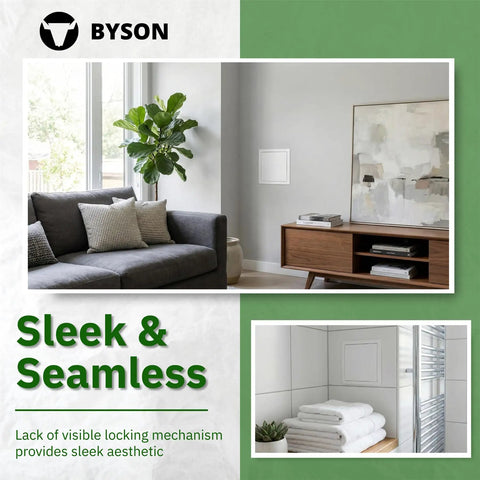 No Sweat Push To Open Metal Access Panel 6 X 6 Inches Dang Durable Galvanized Steel For Drywall Plumbing And Electrical Panel Smooth Self Closing Cover installed in modern living room.