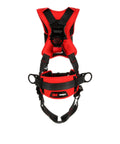 All Day Comfort Construction Style Positioning Harness With Easy Link Web Adapter For Quick Attachment To Self Retracting Lifelines Fixed D Ring For Lanyards And SRLs Black X Large Worksite Safety Harness, front view with red accents.