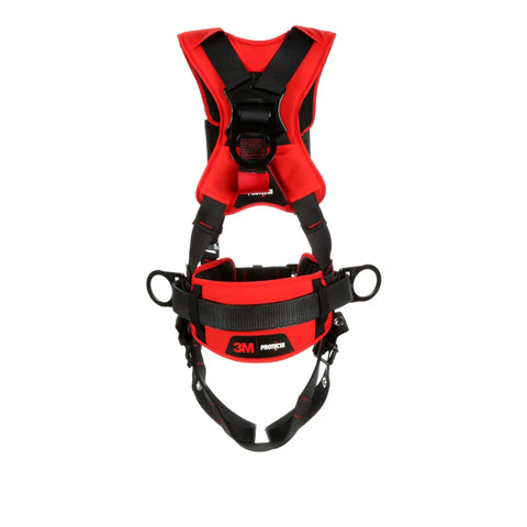 All Day Comfort Construction Style Positioning Harness With Easy Link Web Adapter For Quick Attachment To Self Retracting Lifelines Fixed D Ring For Lanyards And SRLs Black X Large Worksite Safety Harness, front view with red accents.