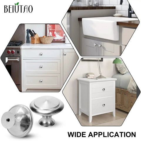 Thirty Five Pack Brushed Nickel Cabinet Knobs 1-1/4 Inch Round Drawer Knobs With Stainless Steel Top Zinc Alloy Base Heavy Duty Built To Last Kitchen Cabinet Hardware For Dresser And Bathroom Cabinets Easy Install Screws Included shown in different room settings