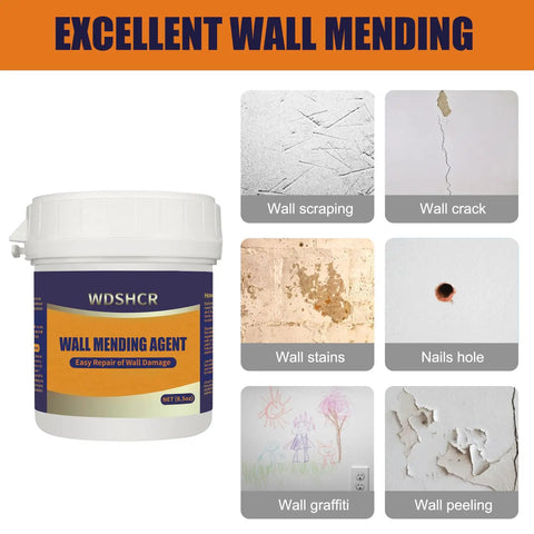 All In One Drywall Repair Kit With 8.5 Oz White Wall Putty shown with examples of wall damage and mending results.