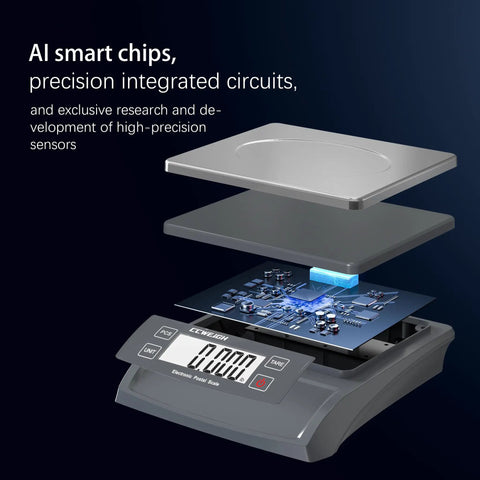 Exploded view of All In One Digital Scale For Postal And Kitchen 66lb 30kg With Battery, Stainless Steel Platform, Tare Function