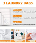 Three Pack 75L Collapsible Laundry Hamper Bins in Black, size guide for small, medium, and large laundry bags