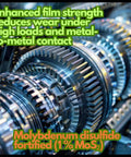 Close-up of gears highlighting film strength of Heavy-Duty Moly Fortified Grease For Chassis And Bearings, 14.1 Oz Cartridge, NLGI 2 GC-LB.