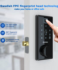 Person using the touchscreen smart door lock with six in one unlocking fingerprint scanner anti peep password IC card Bluetooth app control mechanical key backup auto lock remote access easy install for home or office.