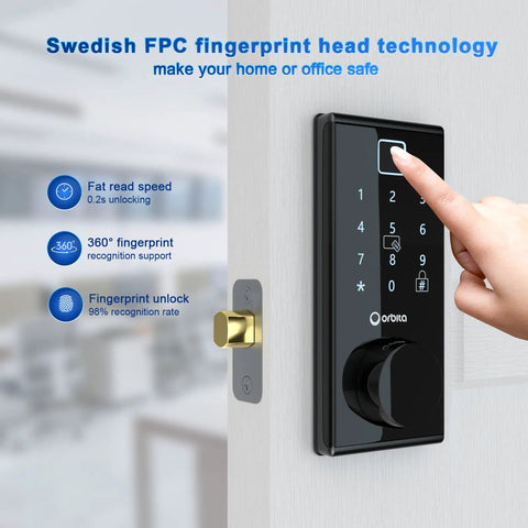 Person using the touchscreen smart door lock with six in one unlocking fingerprint scanner anti peep password IC card Bluetooth app control mechanical key backup auto lock remote access easy install for home or office.