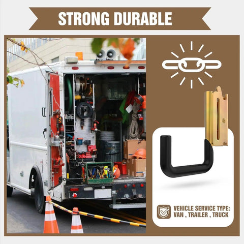 E Track Hooks 8 Pack With Spring Fittings Heavy Duty Steel Hangers For Enclosed Trailers And Cargo Vans displayed with installation example on truck