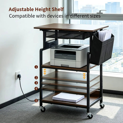 Slick Rolling Three Tier Coffee Station Cart With Built In Power Panel And Roomy Storage Shelf For Mastering Your Daily Grind And Charging Tech Without Hassle, showcasing adjustable height shelf and printer.