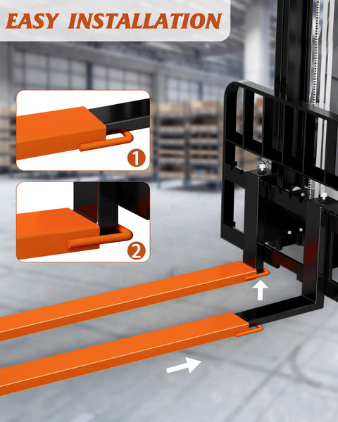 Heavy Duty Steel Fork Extensions For Forklift Trucks, 4.5 Inch Wide Pallet Forks, 96 Inch Length, Orange, 1 Pair installed