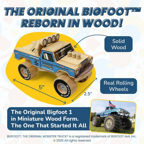 Mini Monster Truck Wood Kit With Stickers For Kids Ages 5 To 8 Build Your Own Monster Truck With Real Tools STEM Craft Toy Officially Licensed Kid Approved Building Kit For Ages 5 6 7 8 displayed on yellow background, highlighting size and wood material.