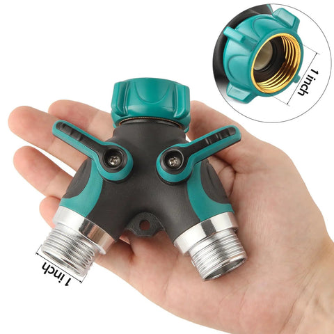 Two Way No Fuss Heavy Duty Garden Hose Splitter Y Valve With High Flow For Consistent Water Pressure And Ergonomic Rubber Handles For Easy On Off Control In Lawn And Garden Outdoor Watering, 1 inch
