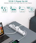 Badass 10 Foot Extension Cord With Built In Surge Protector Power Strip Six AC Outlets Four Fast Charging USB Ports Flat Wall Design, compact design with devices plugged in.