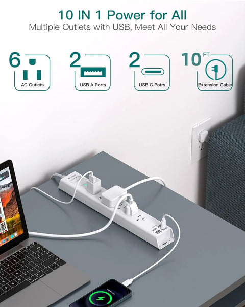 Badass 10 Foot Extension Cord With Built In Surge Protector Power Strip Six AC Outlets Four Fast Charging USB Ports Flat Wall Design, compact design with devices plugged in.