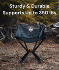 Ultra Compact Portable Camp Chair That Folds To Bottle Size Ready In Seconds A Real Game Changer For Camping And Outdoors Supports Up To 350 Lbs Lightweight And Built For Hiking Adventures Black on rocky terrain.