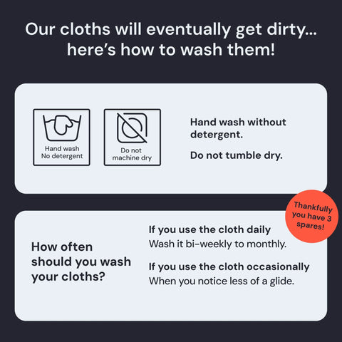 Infographic about microfiber cleaning cloth care with blue panels; hand wash without detergent, do not tumble dry; orange badge.