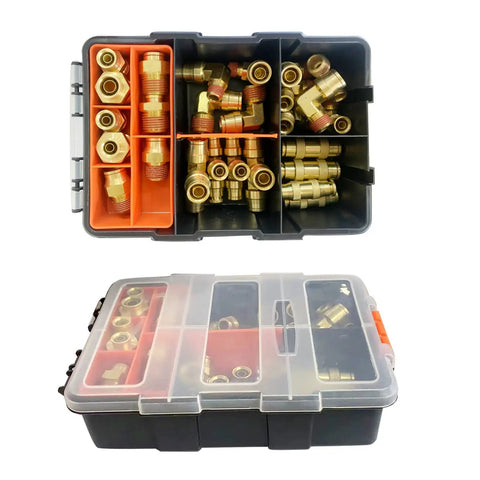 DOT Air Brake Brass Push In Fittings Kit 30 Piece Includes Three Eighths Inch Union Elbows in storage case