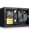 Smart Biometric Fingerprint Safe Lockbox With 3 Way Access, shown open with contents, featuring electronic keypad and USB C port.