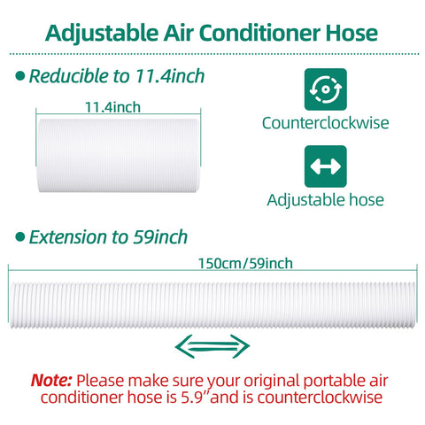 Portable Air Conditioner Window Kit with Universal Seal, showing 11.4-59 inch adjustable hose with counterclockwise design.