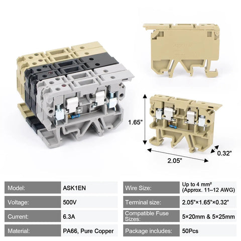 Heavy Duty Din Rail Fuse Holders Terminal Block Kit With Led Indicator Lights And Rock Solid End Plates For Badass Circuit Protection And Tight Wiring Setup Plus Marking Strips, 50 pieces, includes various terminal sizes.