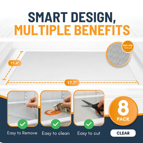 Non Adhesive Refrigerator Liners 8 Pack Bpa Free Fridge Shelf Mats For Kitchen Cabinets Easy To Wash Clear Drawer Pads That Slash Grease Spills And Keep Your Pantry Super Neat And Straight Up Spotless Forever