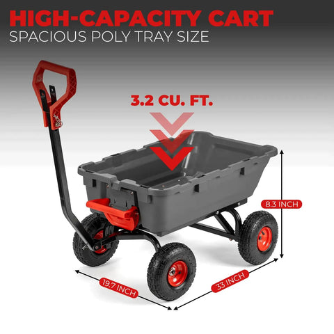 Heavy Duty 2 In 1 Garden Cart Dump Wagon With Convertible Handle 800 Pound Capacity showing spacious poly tray size dimensions