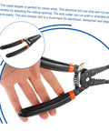 Slick Electrical Wire Stripper And Cable Cutter Pliers With Quick Grip Handles For Awg Cords Lightweight Hand Tool shown in hand.