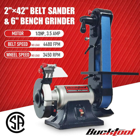 Combo 2x42 Inch Belt Sander and 6 Inch Bench Grinder Knife Sharpener With Large Work Table Upgraded BG2600 Model shown
