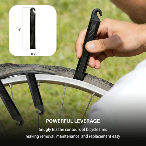 Using 16 In 1 Bike Multitool Kit For On The Go Repairs to remove a bicycle tire with a black tire lever.