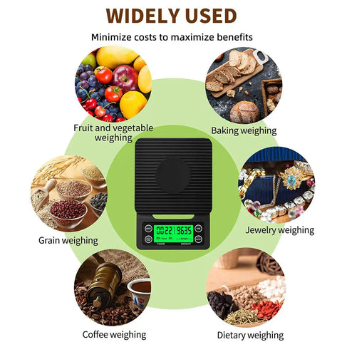 Coffee Scale With Timer 0.1g Precision, 3kg Drip Espresso Scale For Pour Over Coffee showing various weighing options on green background