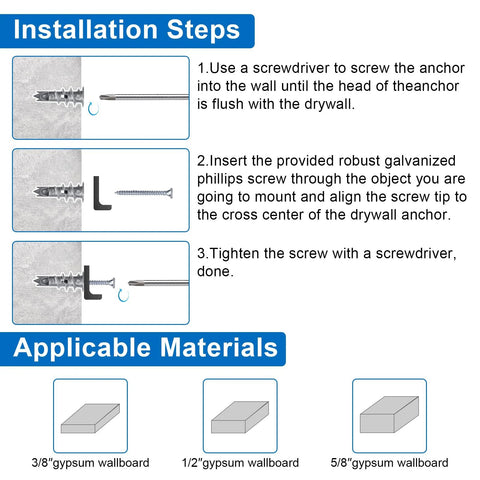 Installation steps for Zinc Self Drilling Drywall Anchors Kit With Screws 104 Pack In 3 Sizes showing use on gypsum wallboard.